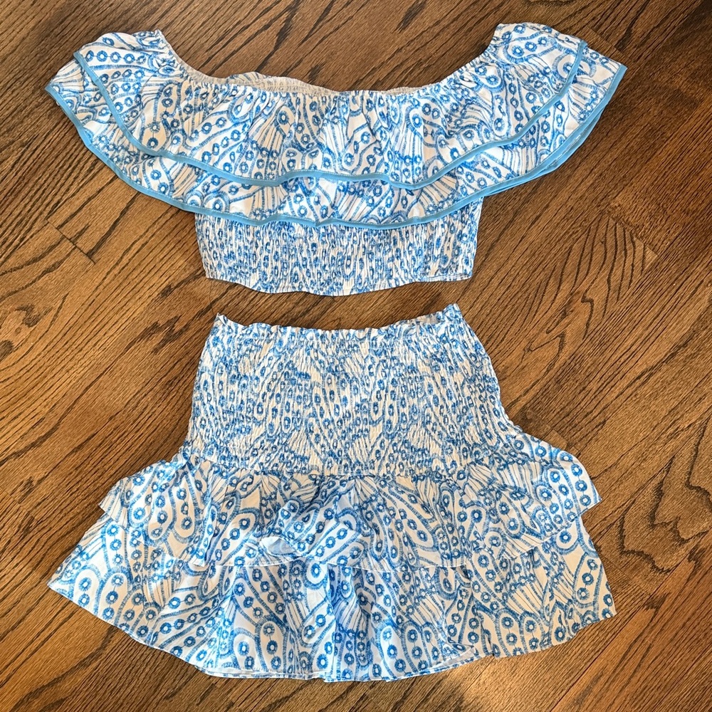 SHEIN Blue and White Off-Shoulder Top and Skirt Set